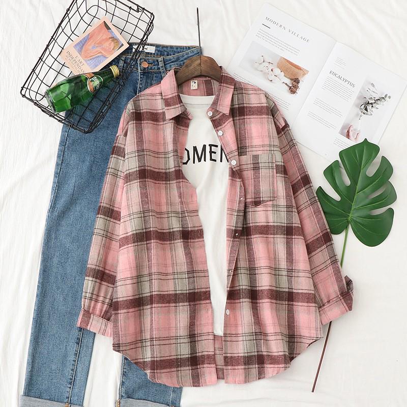 Women's Retro Plaid Flannel Shirt - Korean Style Cardigan Jacket for Spring & Autumn