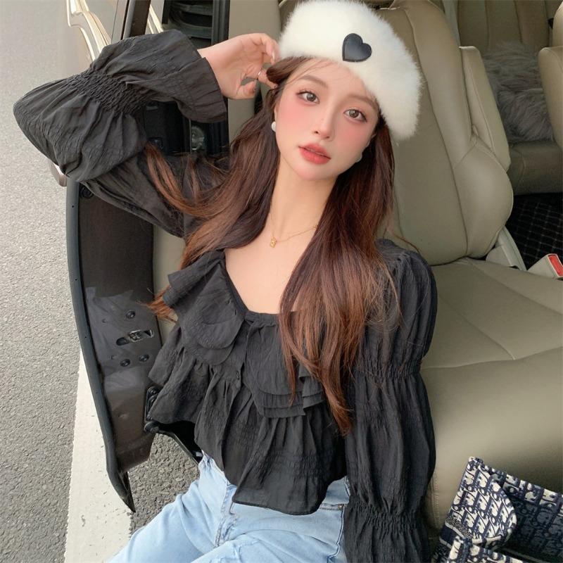 Sweet Temperament Square Neck Ruffled Bubble Sleeves Women's Shirt