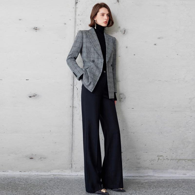 Luxurious British Style Dark Plaid Suit: Women's Jacket & Straight-Leg Pants Two-Piece Set for Autumn/Winter.