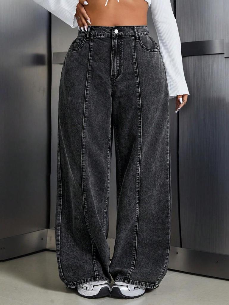 2026 European Plus Size Distressed Cropped High-Waisted Wide-Leg Baggy Jeans