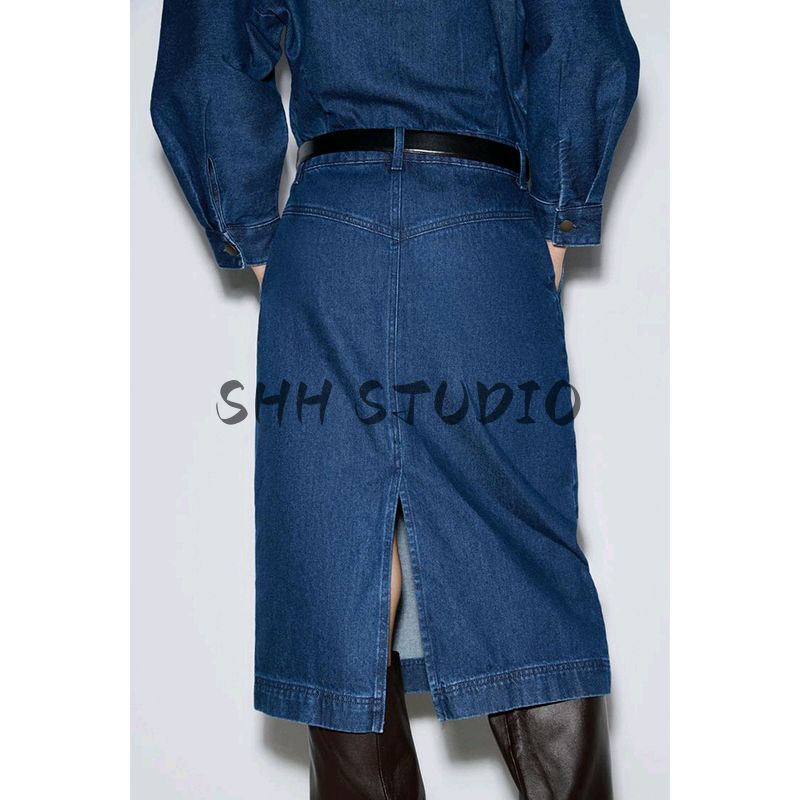 Spring New Women's Clothing French Style All-Matching Waistband Denim Long Sleeves Lapel Midi Skirt Dress 4441250