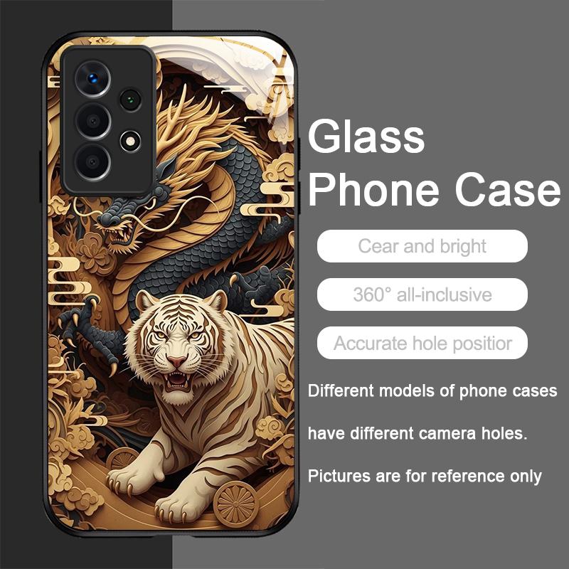 Shiny Golden Dragon and Tiger Pattern Tempered Glass Phone Case for Samsung Galaxy S25 Ultra S24 S23 Plus S22 S21 S20 FE Covers