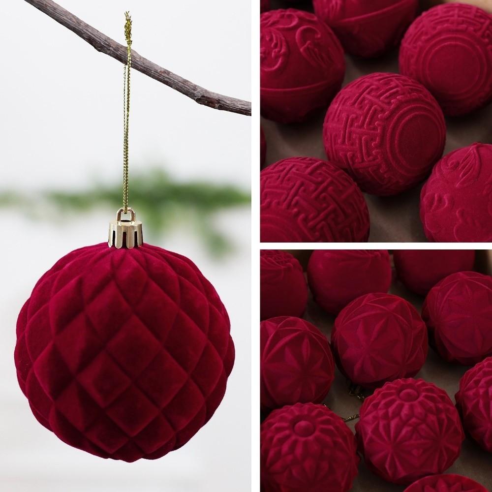 8 CM Red Flocked Christmas Balls Ornaments Break-Resistant with Lanyards Xmas Tree Baubles Pendants Solid Color Shatterproof