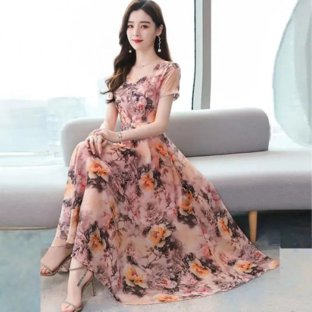 Ice Silk Printed Dress With Slim Waist And Knee-length Maxi Skirt