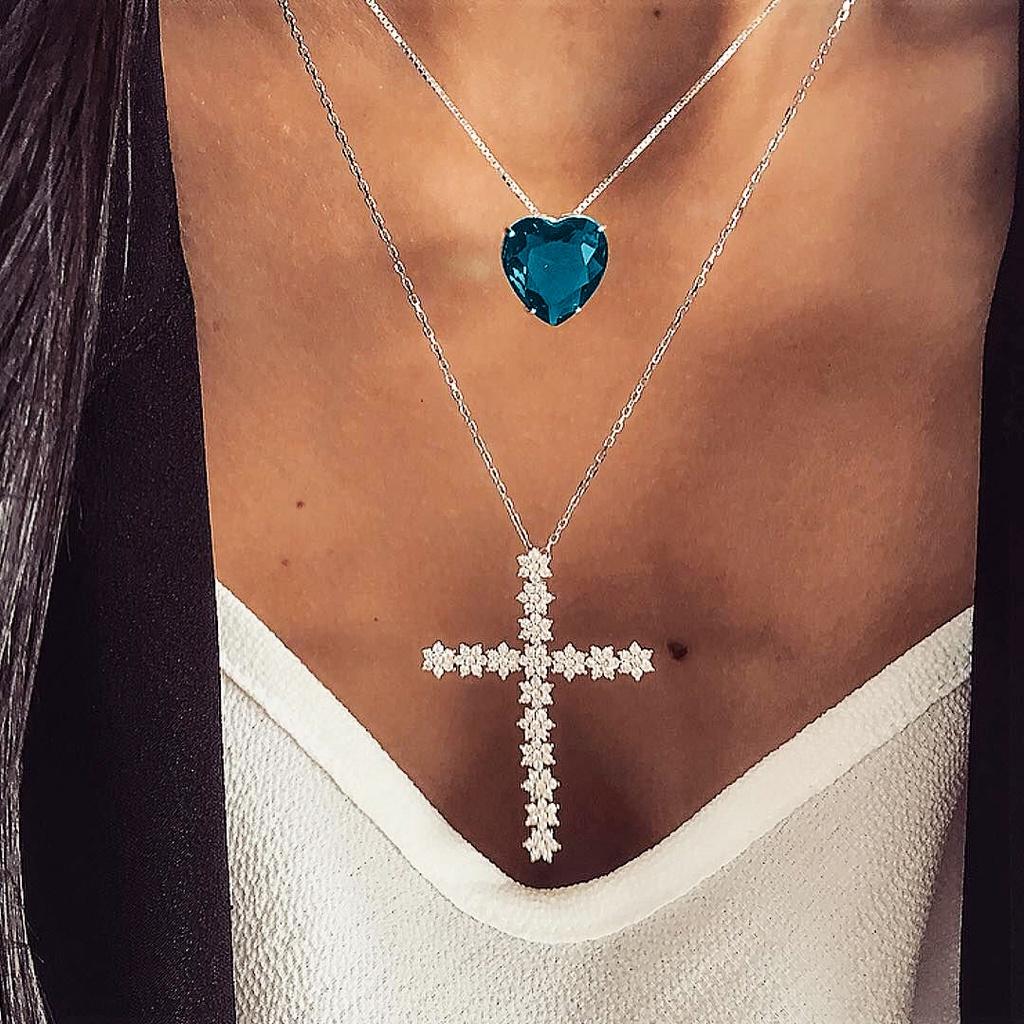 

Ocean Charming Heart Style 2layer Crossed Blue Crystal Necklace Set Perfect For Wedding Occasions Travel Memories Employee And StyleA