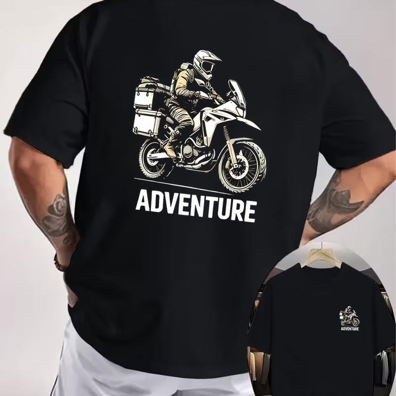 ADVENTURE Motorcycle Exploration Double Sided Print T-Shirt Men's Summer Short-sleeved Round neck Casual Streetwear Tops
