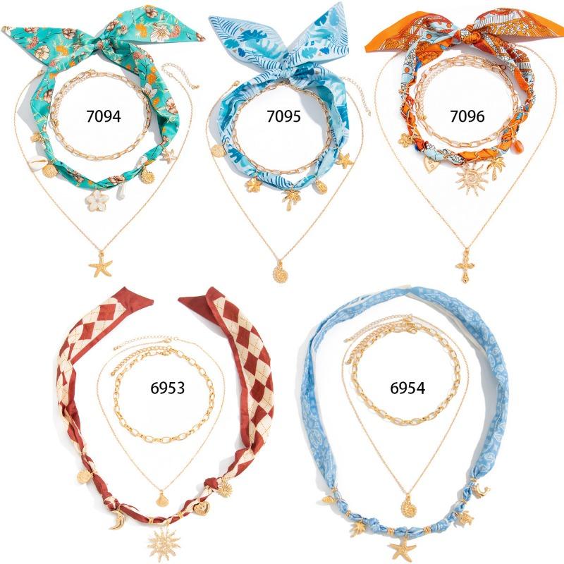 1SET European and American vacation ins shell starfish silk scarf stacked necklace, niche exotic love flower item jewelry women