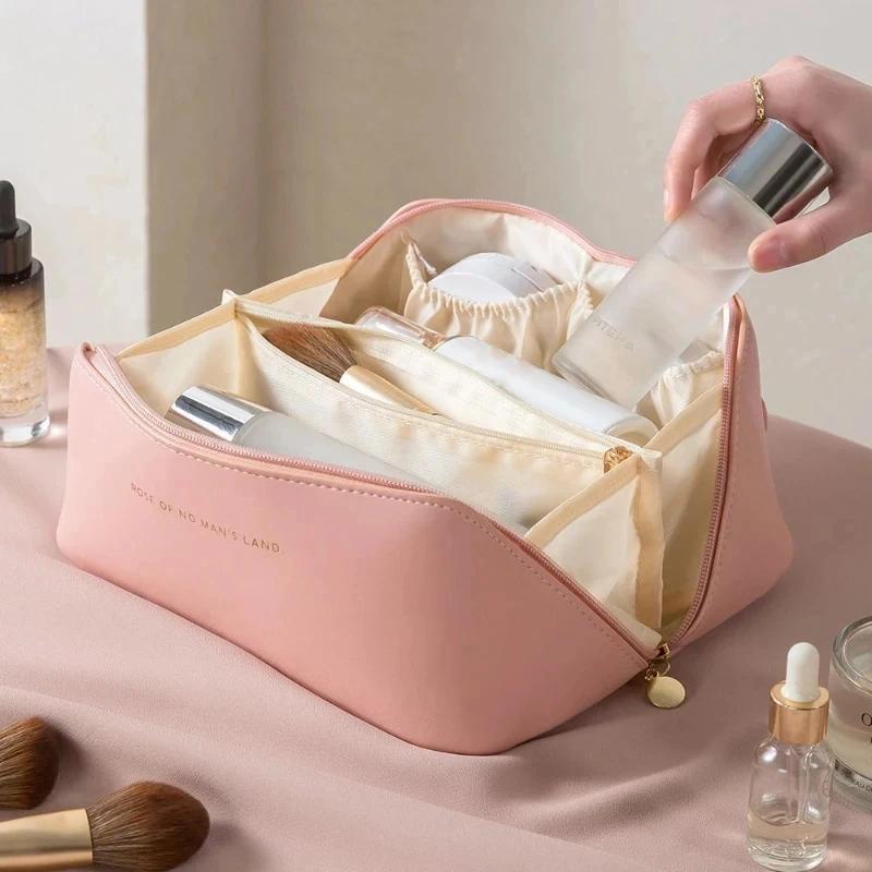 Cosmetic Bags For Women Elegant PU Leather Make Up Pouch Travel Toiletries Organizer Storage Hangbag Carry-on Makeup Tote