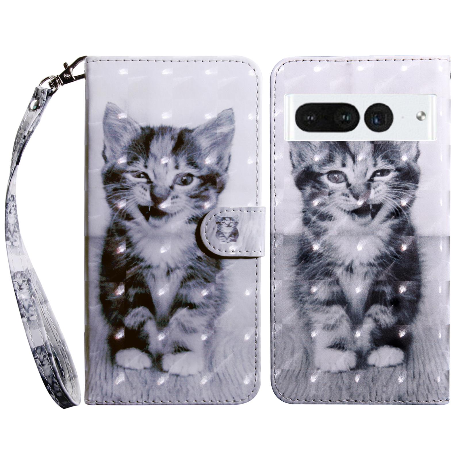 

For Google Pixel 8 Pro Stand PU Leather Phone Case 3D Pattern Printing Wallet Cover with Strap Cat