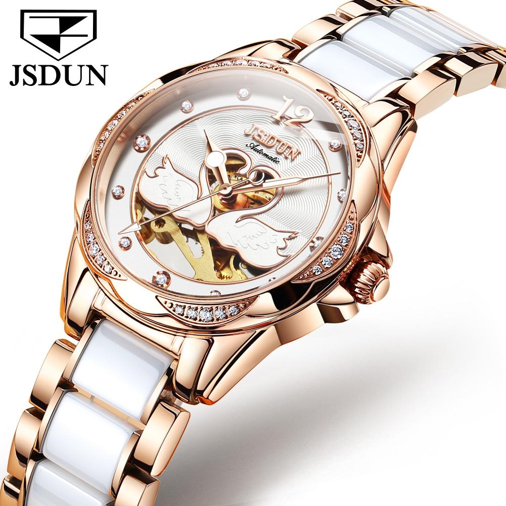JSDUN 8831 Damenuhr Wasserdichte Automatische Mechanische Uhr Für Damen Keramik Stahlarmband Uhren Synthetisches Saphirglas