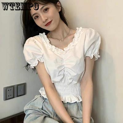 Vintage V-neck Solid Cropped Tops Girl's Sweet Folds T-Shirts Summer Short Puff Sleeve Black White Tee Women Streetwear