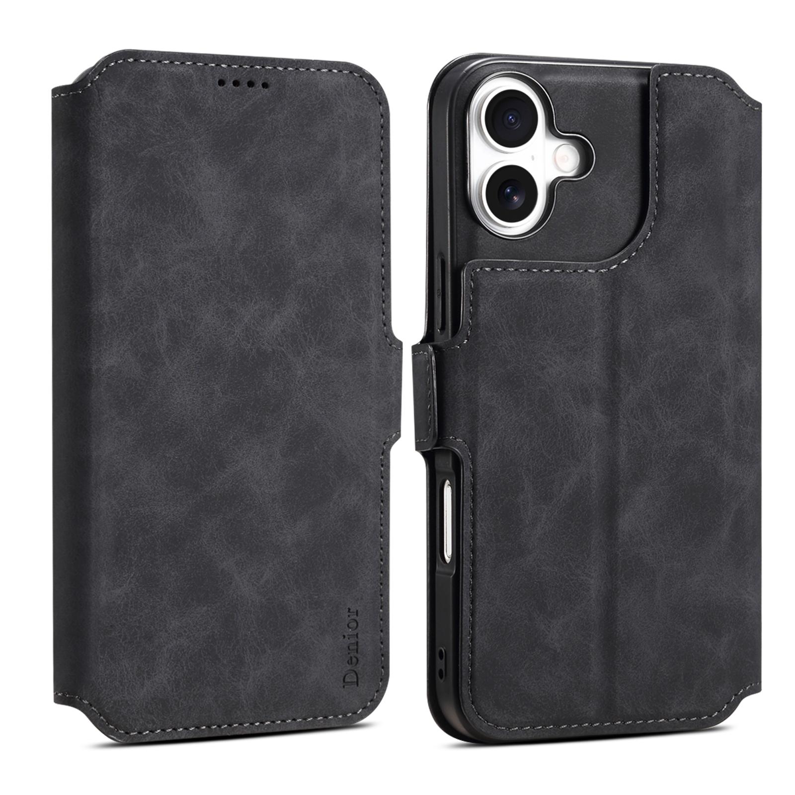 

DENIOR B06 For iPhone 16 Case Magnetic Detachable Wallet Stand Leather+TPU Phone Cover Black