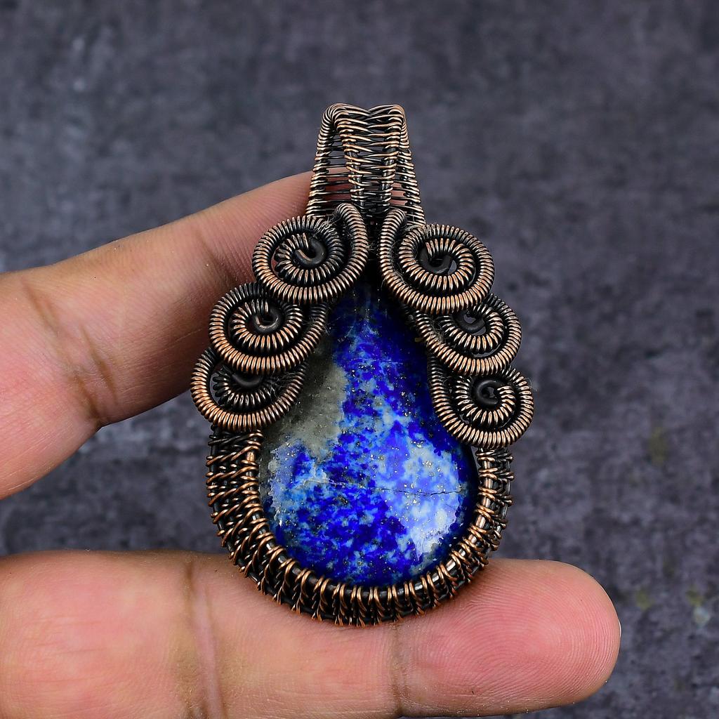 Natural Lapis Lazuli Gemstone Copper Wire Wrap Jewelry Pendant 2.36" ET-4642