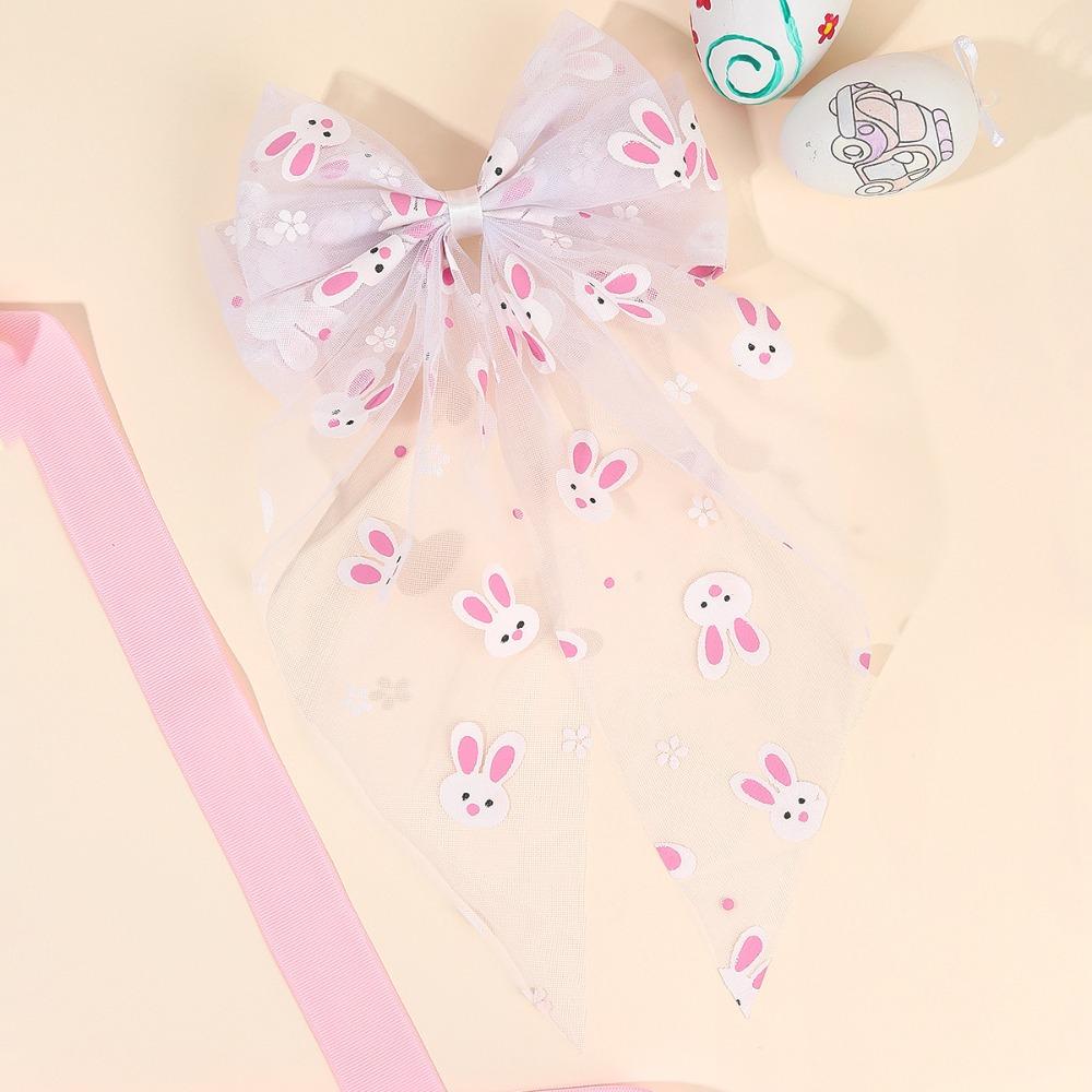 

Cute White Mesh Easter Bunny Hair Accessories Rabbit Carrot Print Nonslip Bunny Hair Clip Long Ribbon Hairpin Easter Decorations