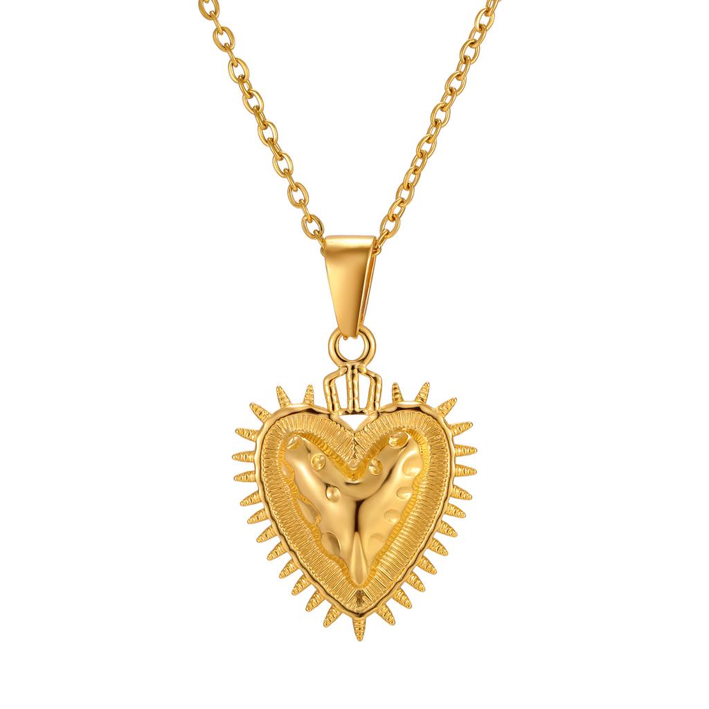 Vintage Gold Stainless Steel Three-Dimensional Relief Design Heart-Shaped Wind Pendant Necklace, Niche Women'S Accessories 2273