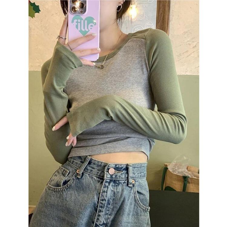 Vintage Shoulder Color Matching Long Sleeve Women Top Spring Autumn Inner Wear Short Bottoming Shirt
