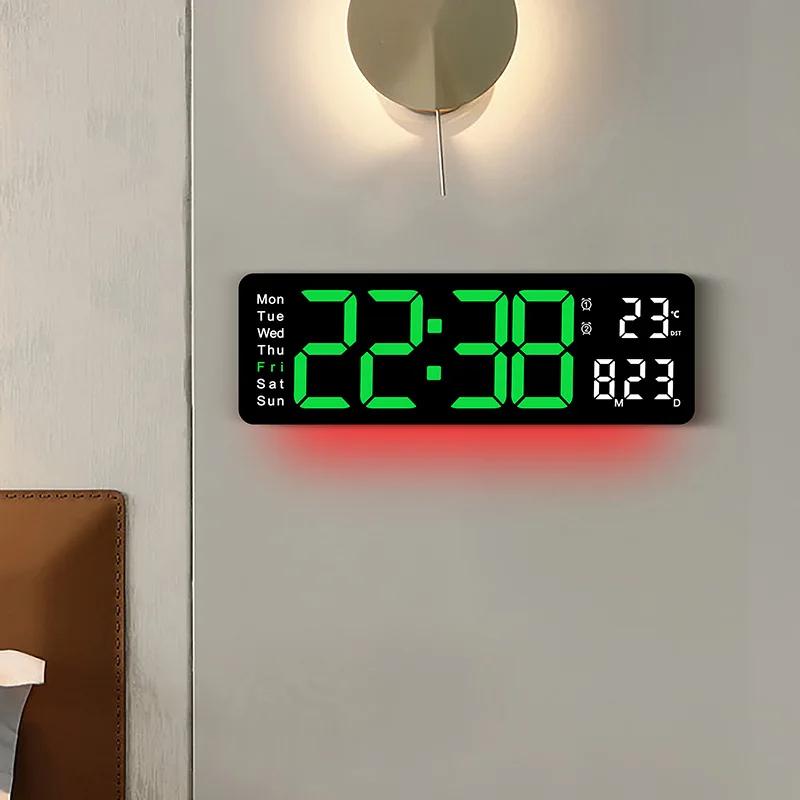 Rectangle Large Screen Digital Wall Clock with Atmosphere Light Date Time Week Temperature Display Electronic Alarm Clocks