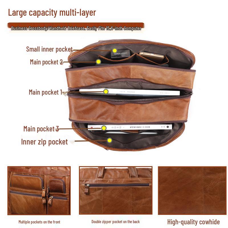 Men's 15.6" Genuine Leather Briefcase - Business Computer Shoulder Bag