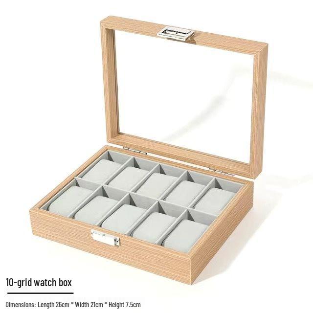Large-Capacity Wooden Watch Display Box with Glass Lid