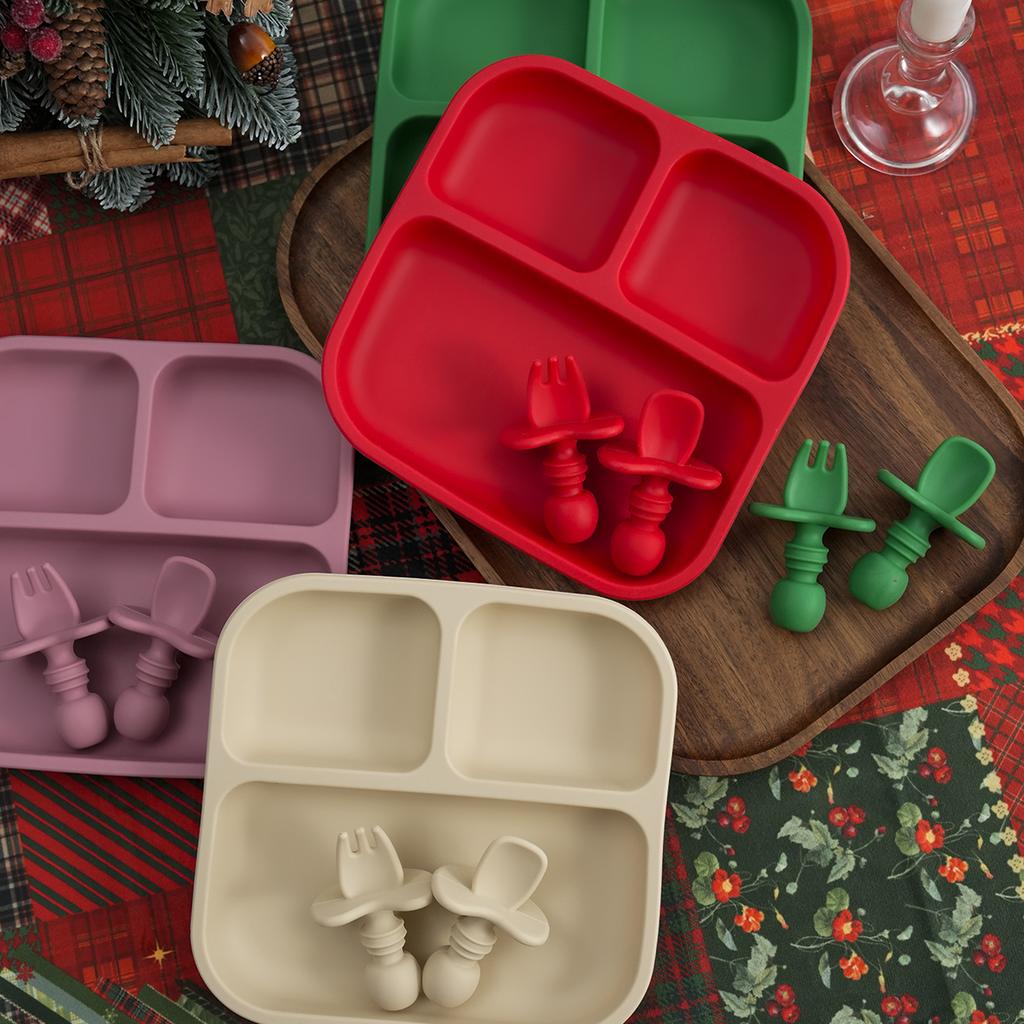 Color Kids 3PC BPA-Free Silicone Baby Feeding Set Sucker Dishes Plates Training Fork Spoon Weaning Tableware Kids Christmas Gift