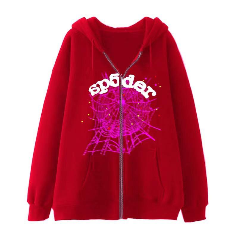 

2025 gothic spider web zipper sweater European and American trendy loose hoodie casual fleece outside XXXL червоний