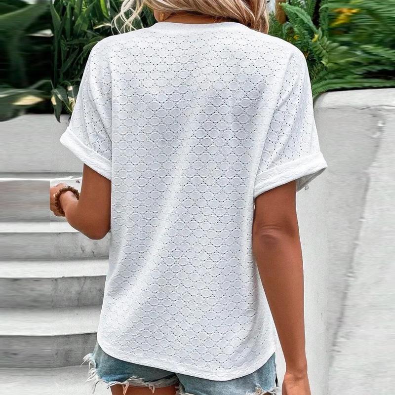 2025 Spring/Summer Women's Fashion Casual Solid Color V-neck Button T-shirt