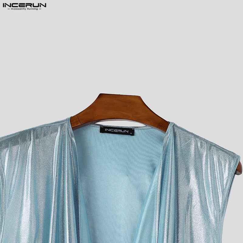 INCERUN Herren Niedriger Rollkragen Ärmellos Glänzend Metallisch Glitzer Bühne Performance Kostüm Party Tanktops