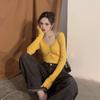 Fall Winter Women V Neck Solid Color Long Sleeve Pleated Knitted Bottoming Chic Sweater