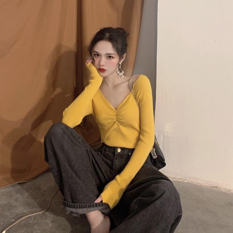 Fall Winter Women V Neck Solid Color Long Sleeve Pleated Knitted Bottoming Chic Sweater