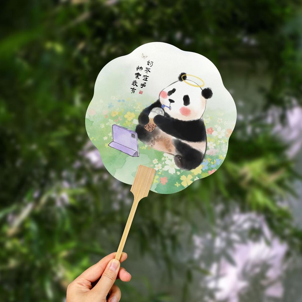 1pcs Cute Panda Printed Hand Fan Chinese Style Decorative Fan for Summer Cooling and Home Decoration