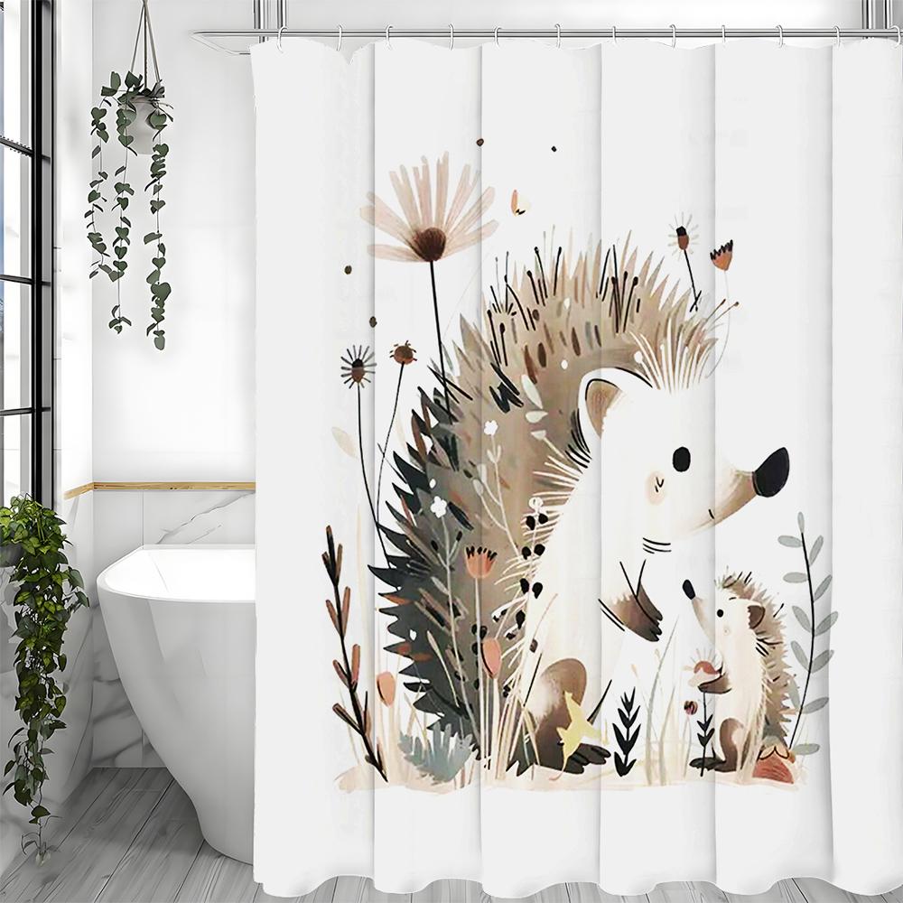Cute Little Hedgehog Floral Shower Curtain, Bathroom Decorative Shower Curtain, Waterproof Shower Curtain with Hooks