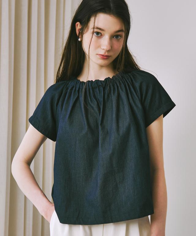 RONRON Shirring Neck Blouse Deep Denim