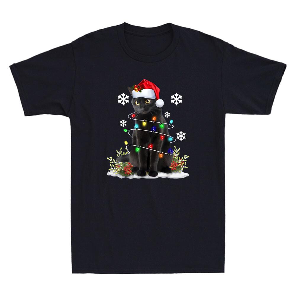 Black Cat Christmas Santa Hat Funny Meowy Cats Graphic Vintage Men s T-Shirt Tee L