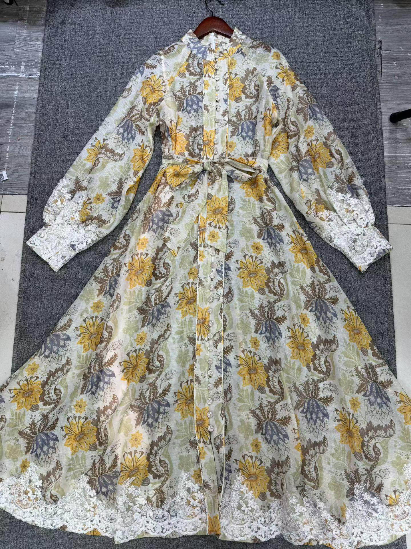 

European-American Lace Patchwork Long Fashion Dress with Wide Hem and Single-Breasted Design XL жёлтый