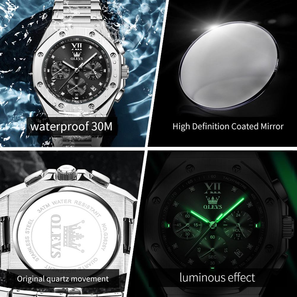 OLEVS New Men's Watch Stainless Steel Quartz Watch for Men Auto Date Chronograph Wristwatch Top Brand Luxury Original Man Watch