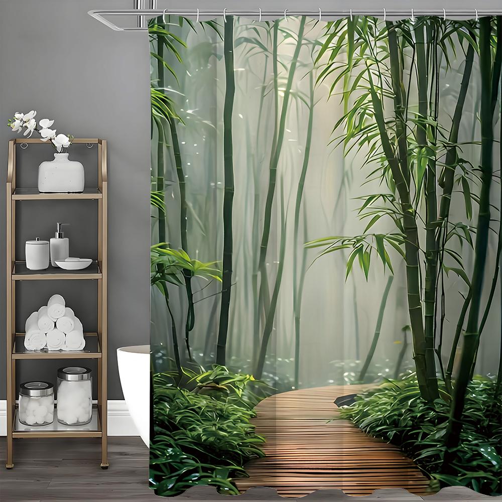 Bamboo Shower Curtain, Green Forest, Spa, Vintage, Natural, Japanese, Asian Style, Bathroom Shower Curtains with Hooks, Waterpro