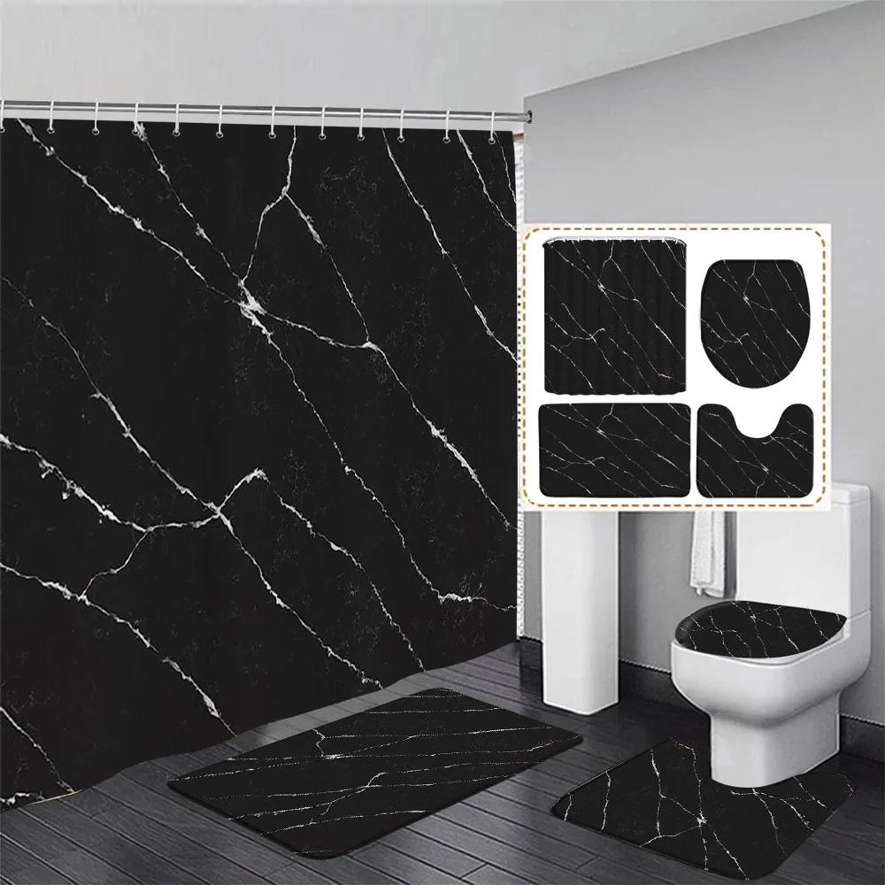 Marble Shower Curtain Set Creative Watercolor Ink Art Geometric Modern Bathroom Decor Floor Rug Bath Mats Toilet Lid Cover