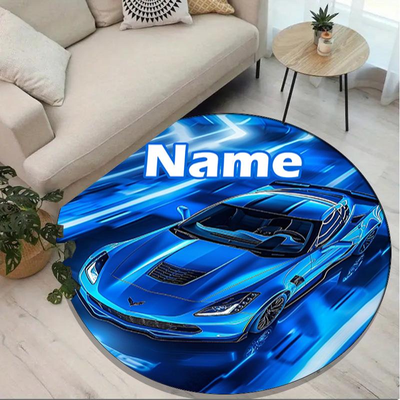 Custom Name Personalized Sports car Print Round Rug, Versatile Home Decor Carpet, for Playroom, Apartment, Balcony, Entryway, Hallway Gift