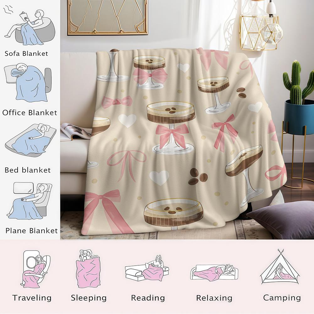 Coffee Drinks with Bows Flannel Blanket Warm Soft Halloween Christmas Couch Warm Cozy Decorative Decor Gift for All Season