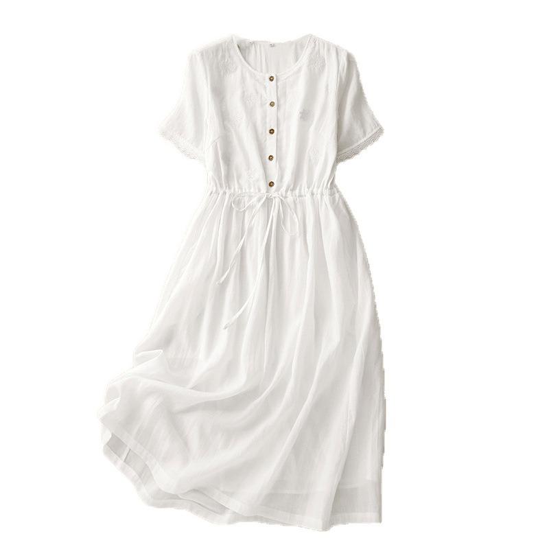 Real shot summer new cotton and linen literary loose casual age reduction embroidered white dress women's clothing