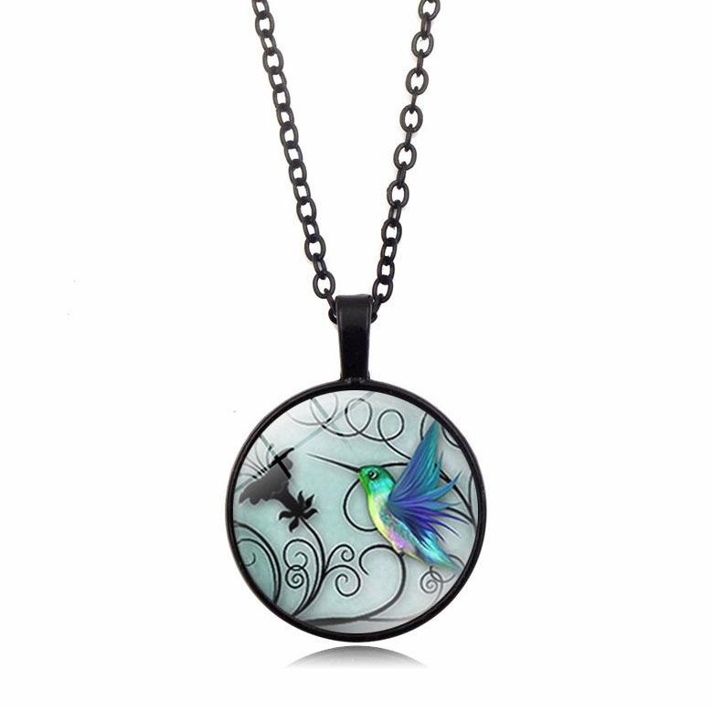 Blue Hummingbird Time Women's Versatile Decorative Glass Retro Jewelry Pendant Necklace