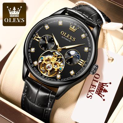 Reloj mecánico automático Tourbillon Hollow, resistente al agua, luminoso, con incrustaciones de diamantes, esfera de fase lunar, reloj mecánico de moda de doble horario para hombre