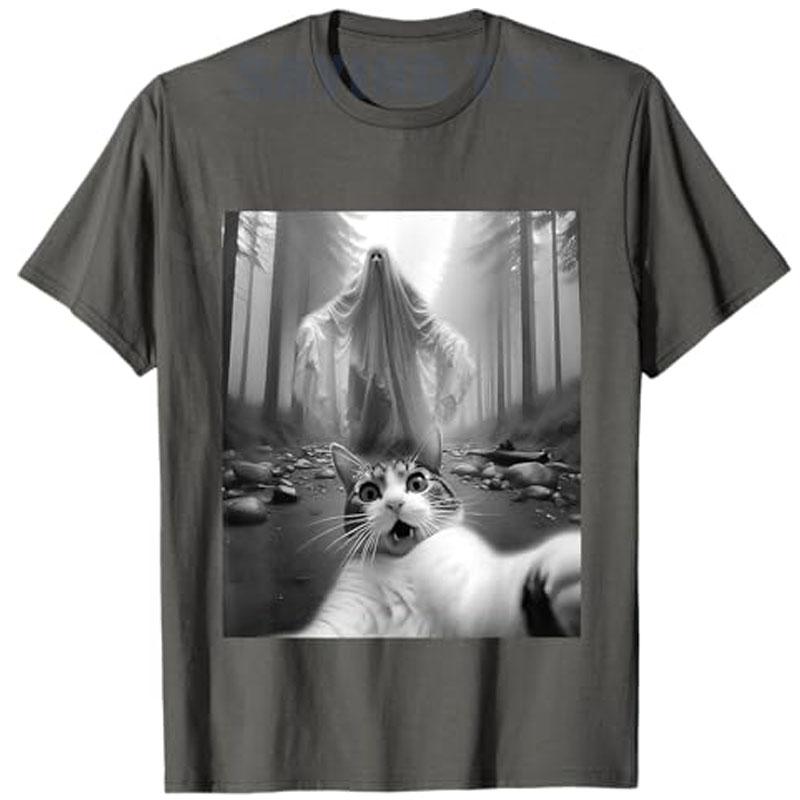 HOT SALE Cat Selfie Ghost Halloween Men's and Women's T-shirts Y2k Katie Cotton Graphic T-shirts Novelty Printed Street Clothing