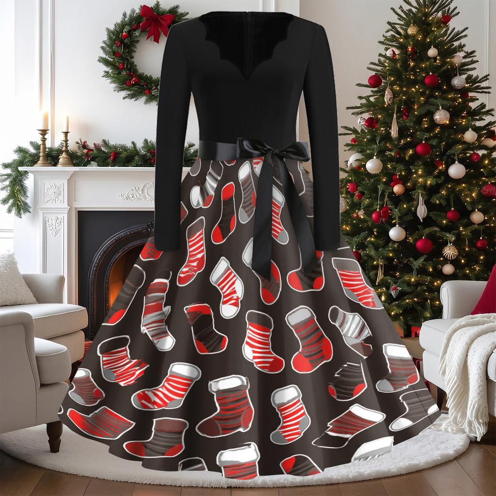 Women's Casual Vintage V-Neck Long Sleeve Dress with Christmas Print
