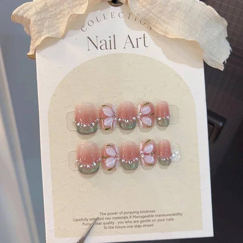 10Pcs French Handmade Short Press On Nails Floral Design Full Cover Stick On False Nails