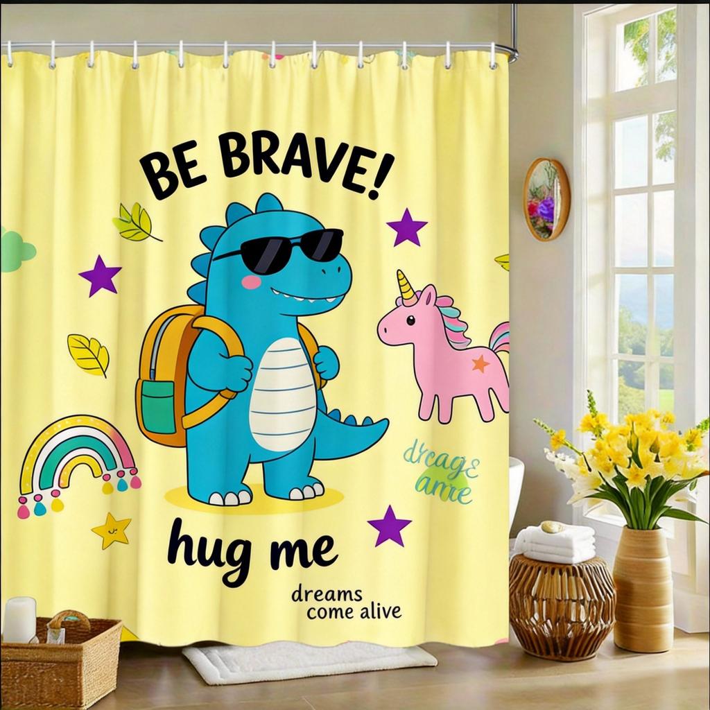 Kids Fantasy Shower Curtain 1pc Dinosaur, Unicorn & Rainbow Pattern, Playful Bath Curtain for Children's Room and Nursery Decor