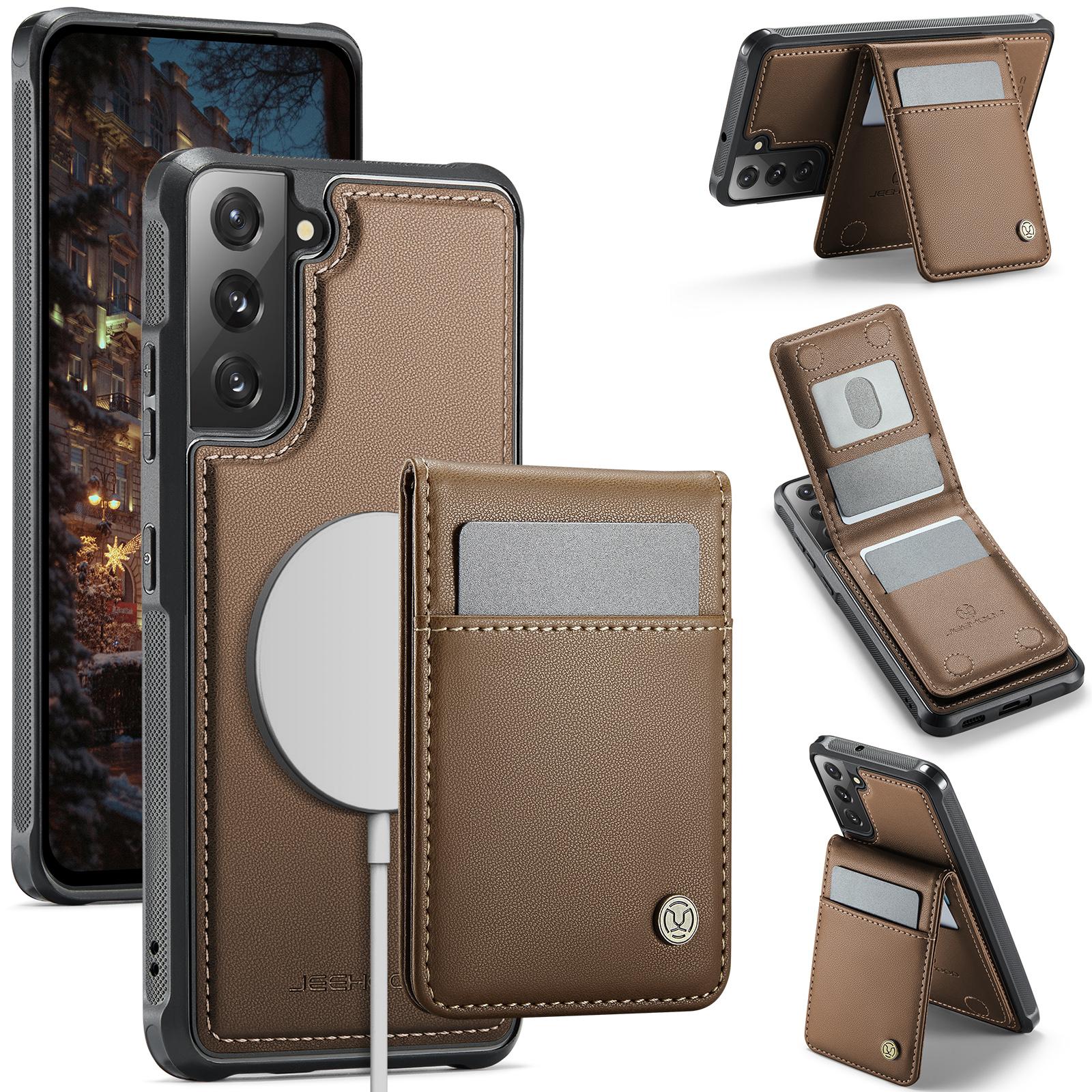 

For Samsung Galaxy S22 5G Leather Back Cover Compatible with MagSafe JEEHOOD J06 Phone Case with Card Bag RFID Blocking Brown