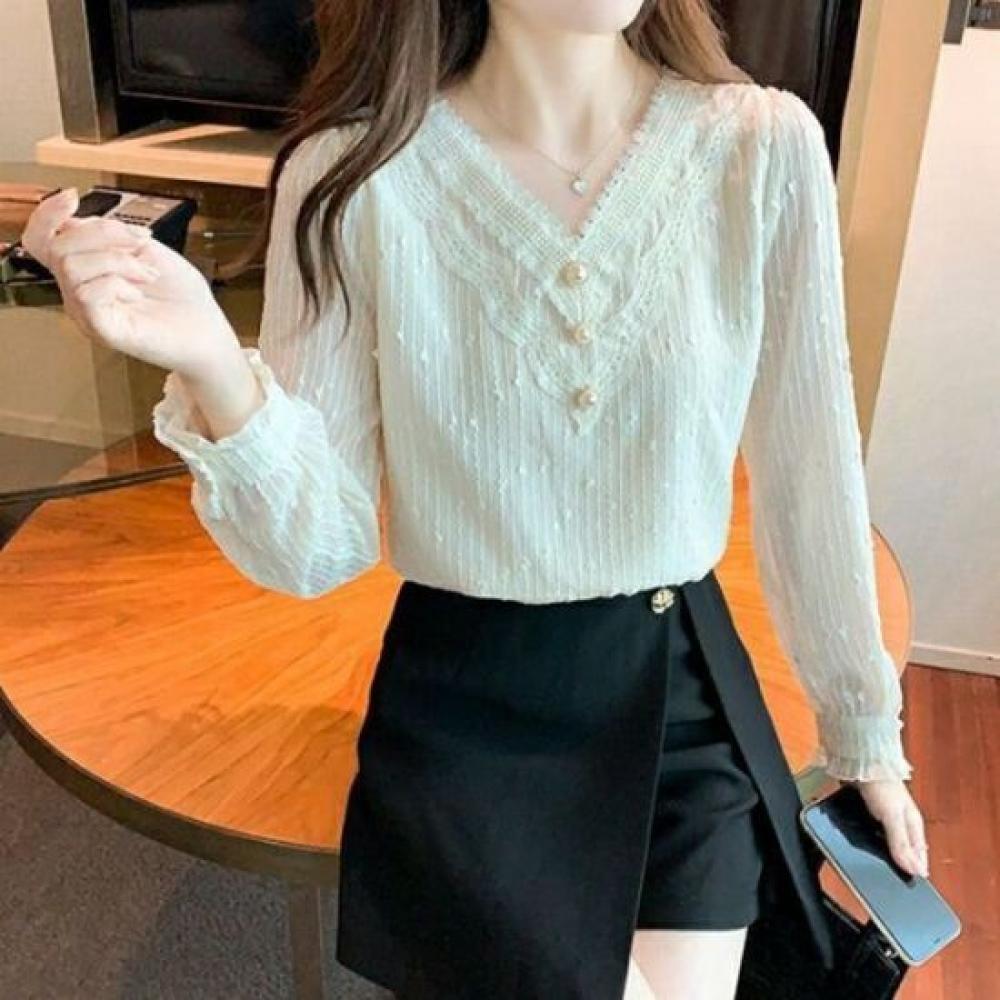 NaVaVa Women LoVely Pearl Lace V Neck Long sleeVe Blouse Nb3004
