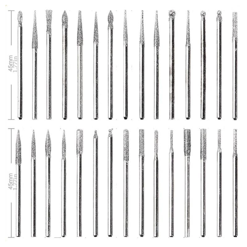 30 Sztuk Wiertła Szlifierskie Diamentowe Igła Punktowa Grawerowanie Rzeźbienie Polerowanie do Szkła Jadeitu Kamienia 2,35/3mm Zestaw Narzędzi Obrotowych