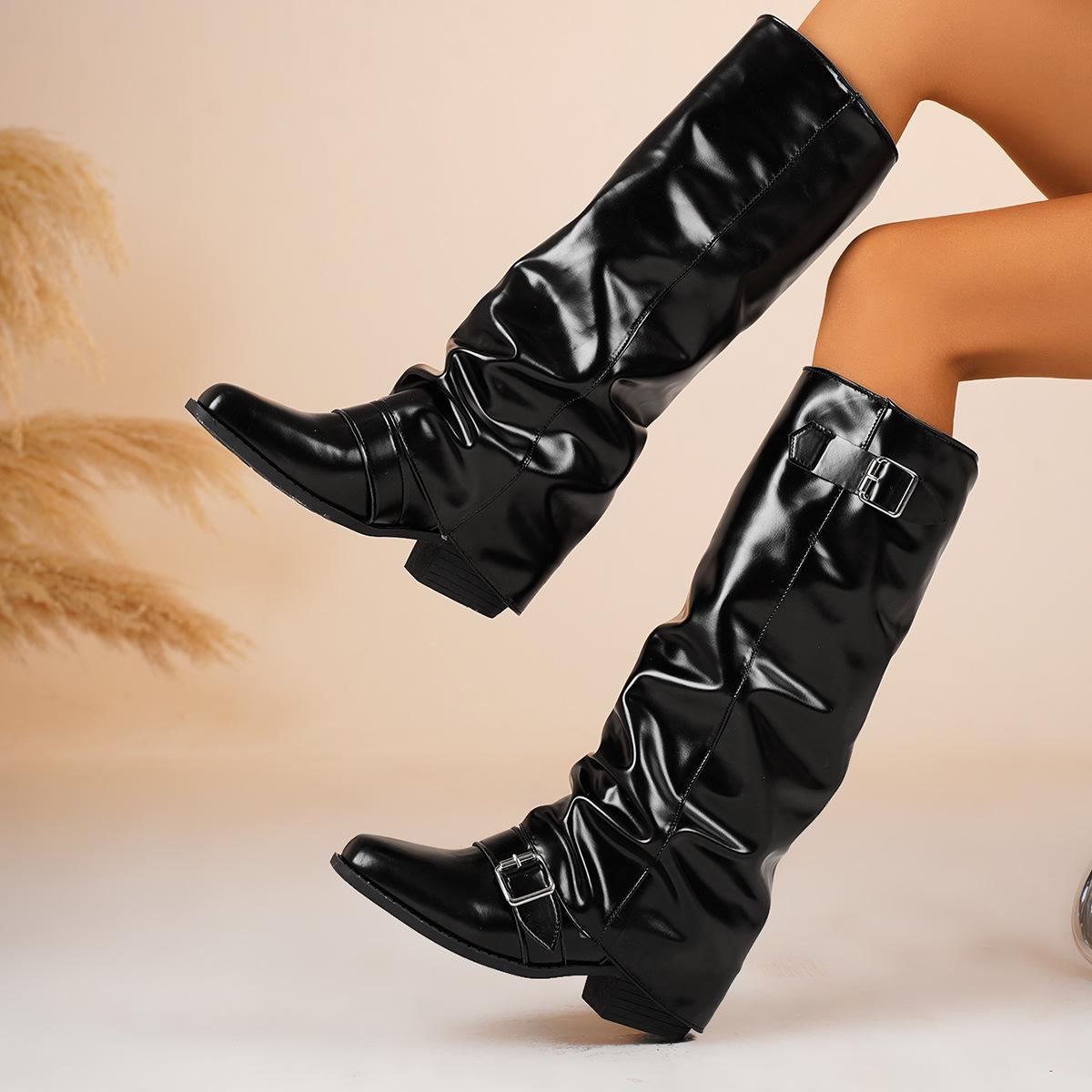 

Модные винтажные ботфорты на толстом каблуке, женские длинные сапоги, обувь 2025, весна-осень, женские кожаные элегантные с ремешком и пряжкой, рыцарские боты 42 чёрный